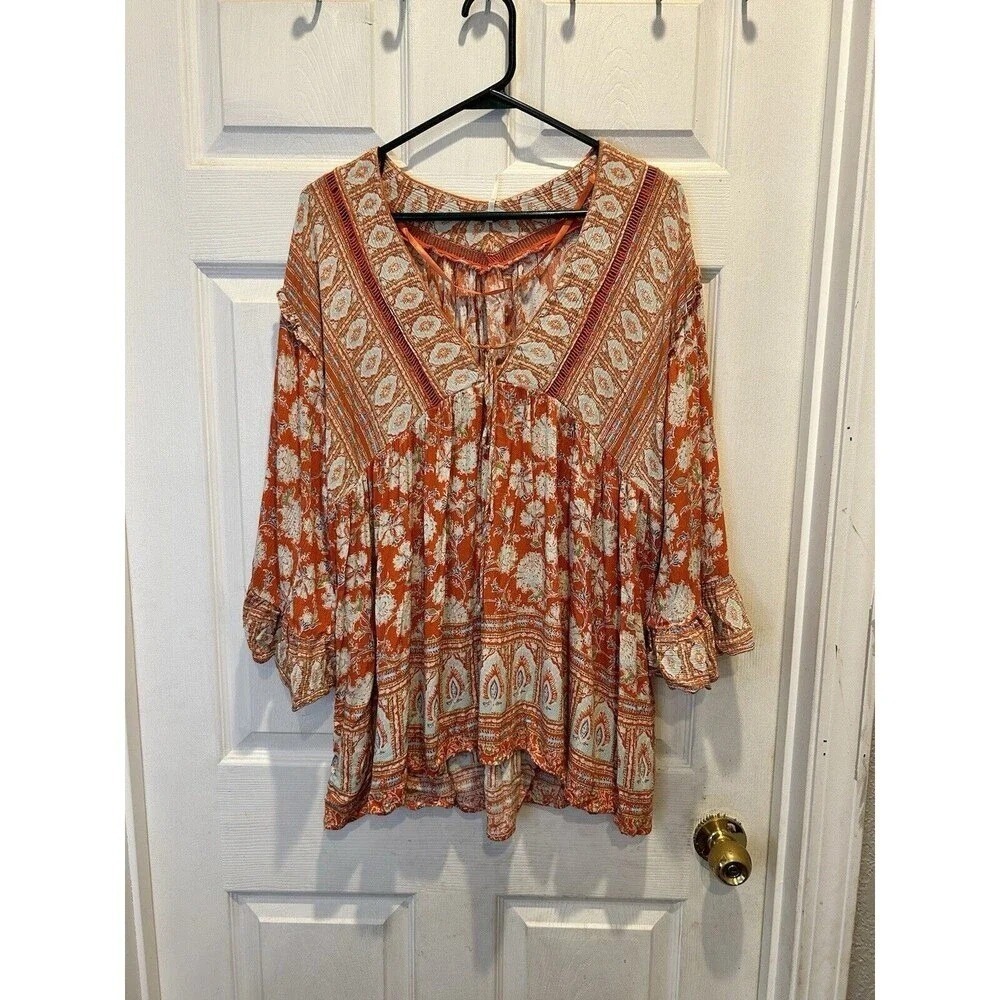 Free People Moonlight Dance Orange Floral Boho Tunic V-Neck Bell Sleeve Size M